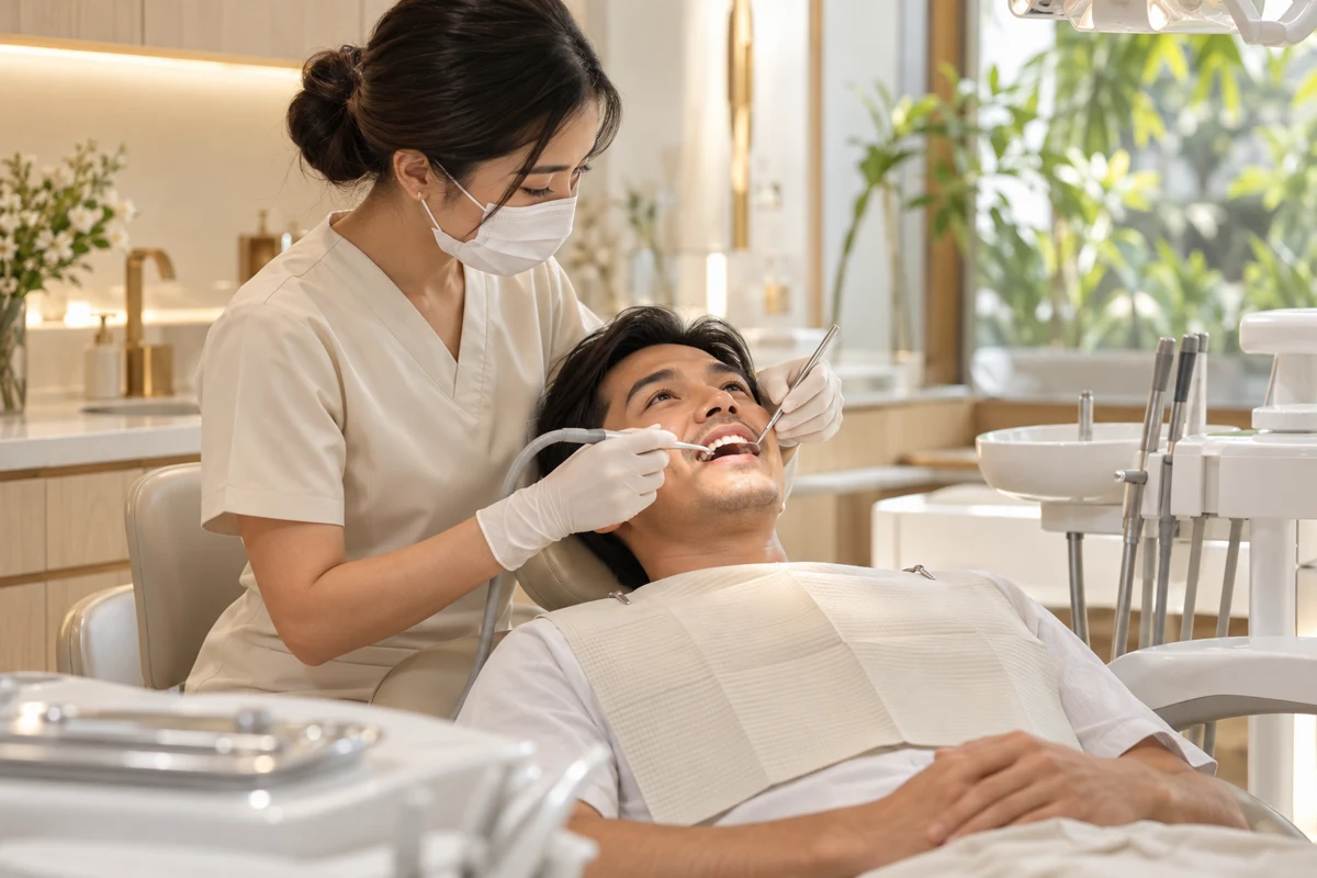 A dentist performing a routine check-up and cleaning in a bright studio