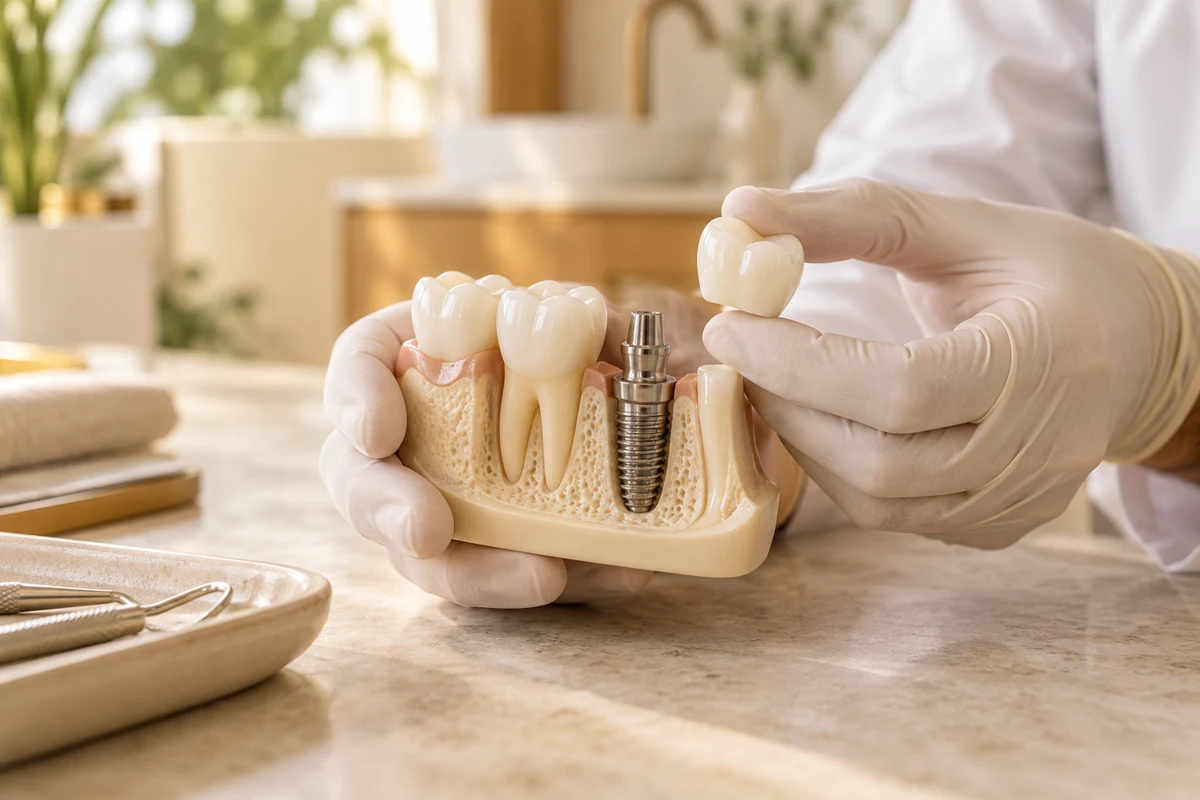 A dental implant and ceramic crown displayed on a teaching model