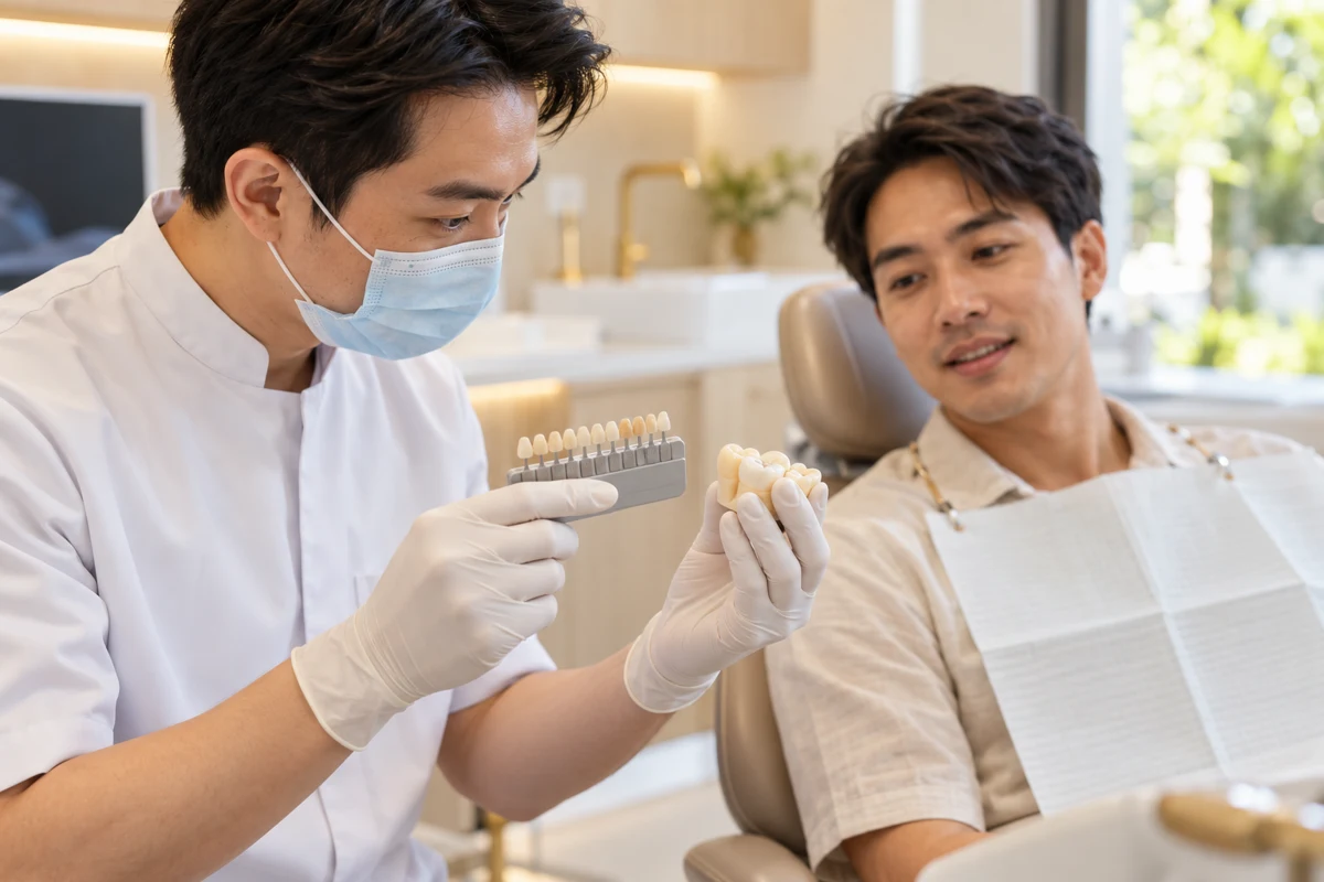 A dentist explaining tooth repair using a tooth model and shade guide