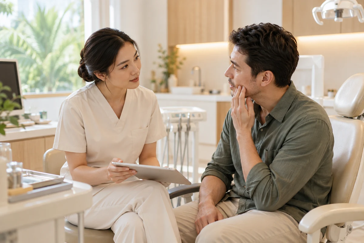 A dentist listening to a patient describe a toothache