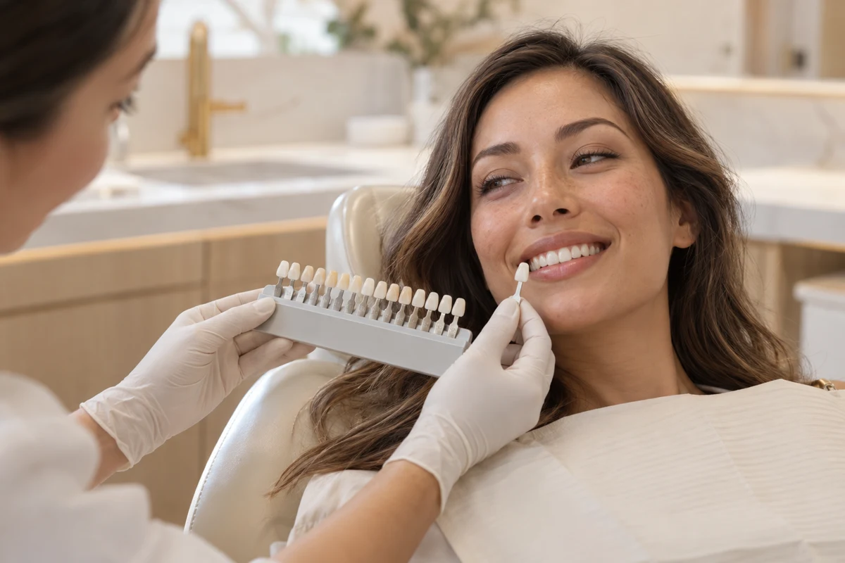 A ceramic shade guide beside a patient’s natural smile during veneer planning