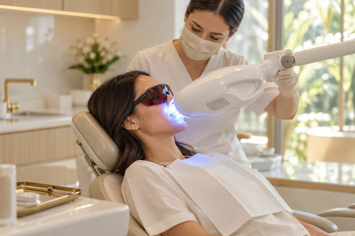A patient wearing protective glasses during a supervised whitening visit